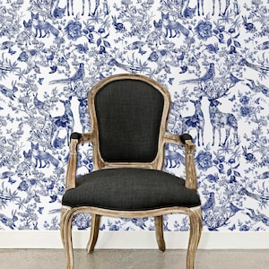 Woodland Wallpaper, Antique Wallpaper, Toile Wallpaper, Victorian Wallpaper, Peel and Stick Wallpaper, Blue Wallpaper, Fabric Wallpaper
