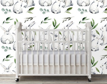 Woodland Wallpaper, Animal Wallpaper, Bunny Wallpaper, Peel and Stick Wallpaper, Rabbit Wallpaper, Fabric Wallpaper