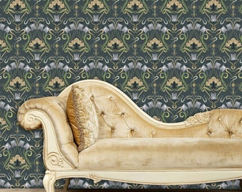 Victorian Wallpaper,  Dark Floral Wallpaper, Blue Flower Wallpaper, Peel and Stick Wallpaper, Antique Wallpaper, Fabric Wallpaper