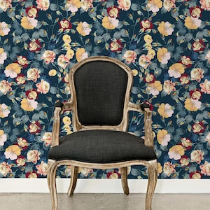 Victorian Wallpaper,  Dark Floral Wallpaper, Blue Flower Wallpaper, Peel and Stick Wallpaper, Antique Wallpaper, Fabric Wallpaper