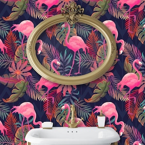 Retro Wallpaper, Palm Wallpaper, Flamingo Wallpaper, Tropical Wallpaper, Mid Century Wallpaper, Peel and Stick Wallpaper, Fabric Wallpaper