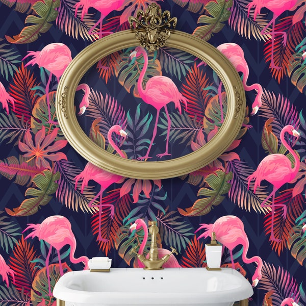 Retro Wallpaper, Palm Wallpaper, Flamingo Wallpaper, Tropical Wallpaper, Mid Century Wallpaper, Peel and Stick Wallpaper, Fabric Wallpaper