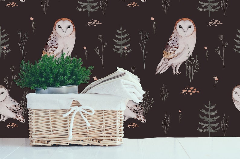 Peel and stick woodland owl dark wallpaper