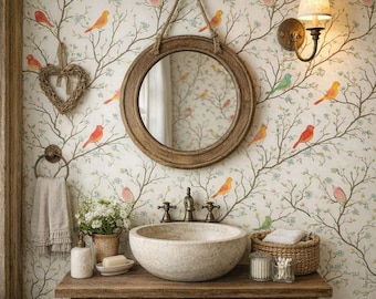 Bird Wallpaper, Garden Wallpaper, Cottage Wallpaper, Botanical Wallpaper, Peel and Stick Wallpaper, Fabric Wallpaper