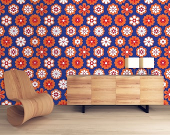 Retro Wallpaper, Mid Century Wallpaper, Vintage Wallpaper, Peel and Stick Wallpaper, Orange Floral Wallpaper, Fabric Wallpaper