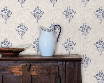 Antique Wallpaper, Cottage Wallpaper, Farmhouse Wallpaper, Peel and Stick Wallpaper, Linen Look Floral Lavender Wallpaper, Fabric Wallpaper