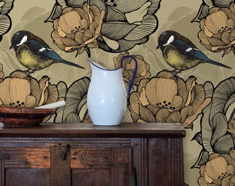 Bird Wallpaper, Garden Wallpaper, Cottage Wallpaper, Botanical Wallpaper, Peel and Stick Wallpaper, Fabric Wallpaper