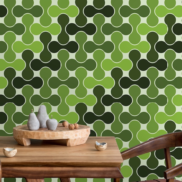 Retro Wallpaper, Mid Century Wallpaper, Vintage Wallpaper, Green Wallpaper, Geometric Wallpaper, Peel and Stick Wallpaper, Fabric Wallpaper