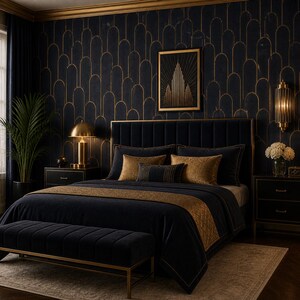 May include: A luxurious bedroom with a dark blue and gold color scheme. The bed features a velvet headboard, bedding, and a bench. Gold accents include a lamp, picture frame, and wall trim. The wallpaper has a repeating gold arch design.