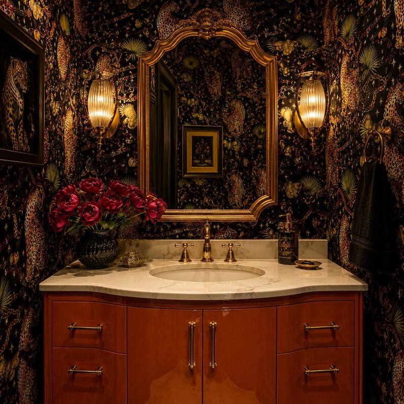 May include: A bathroom vanity with a white marble countertop, an integrated sink, and a glossy orange cabinet featuring gold-toned hardware. Above the vanity is a large gold-framed mirror, two ribbed glass wall sconces, and dark leopard-print wallpaper.