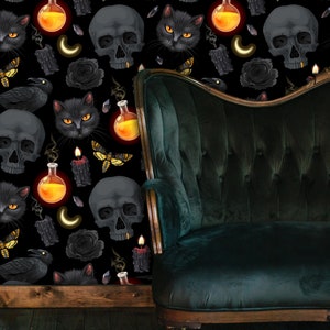 Victorian Wallpaper, Gothic Wallpaper, Skeleton Wallpaper, Spooky Dark Wallpaper, Skull Wallpaper, Peel & Stick Wallpaper, Fabric Wallpaper
