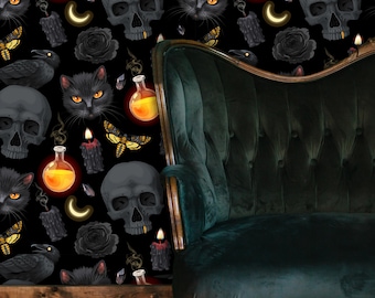 Victorian Wallpaper, Gothic Wallpaper, Skeleton Wallpaper, Spooky Dark Wallpaper, Skull Wallpaper, Peel & Stick Wallpaper, Fabric Wallpaper