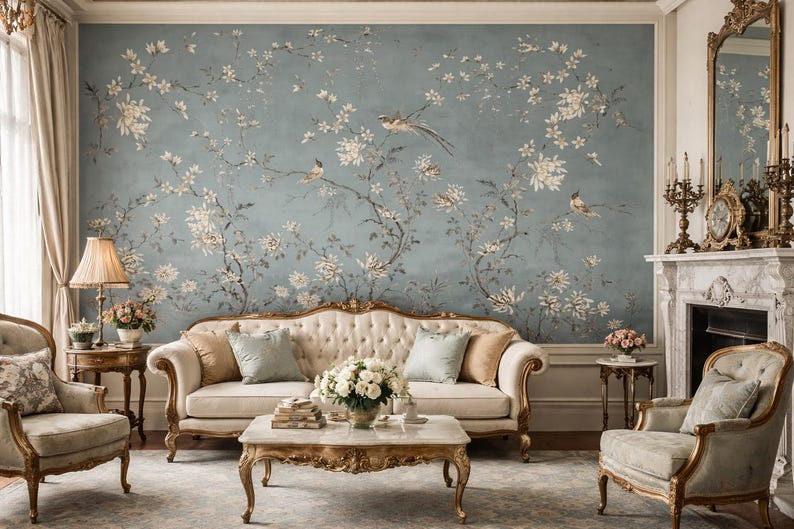 Chinoiserie Floral Bird Wall Mural, Blue Botanical Blossom Tree With ...