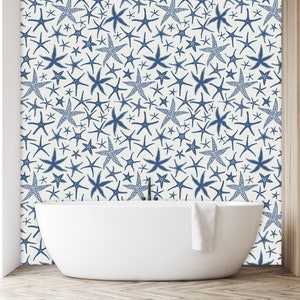 Blue starfish nautical fabric peel and stick wallpaper