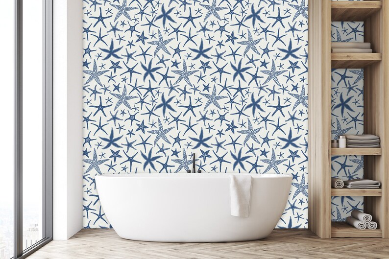 Blue starfish nautical fabric peel and stick wallpaper