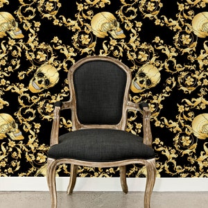 Black Victorian baroque gothic skull peel and stick wallpaper