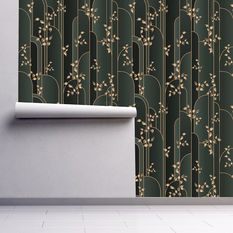 Grey and gold geometric Art Deco fabric peel and stick wallpaper on wall partially rolled up