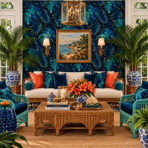 Könnte beinhalten: Ein Wohnzimmer mit einem weißen Sofa, orangefarbenen und blauen Kissen, einem Korbtisch mit Büchern und Blumen, zwei Korbsesseln mit blauen Polstern sowie einer Wand mit dunkelblauem Tropenblatt-Tapetenmuster und einem Gemälde.