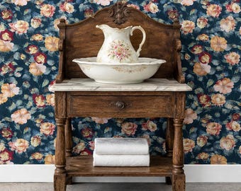 Victorian Wallpaper,  Dark Floral Wallpaper, Blue Flower Wallpaper, Peel and Stick Wallpaper, Antique Wallpaper, Fabric Wallpaper