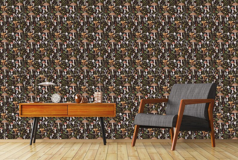 Dark botanical mushroom fabric peel and stick wallpaper in room with chair and table