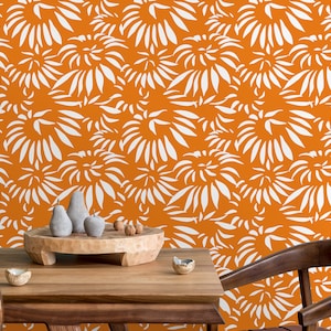 Retro Wallpaper, Mid Century Wallpaper, Orange Wallpaper, Floral Vintage Wallpaper, Peel and Stick Wallpaper, Fabric Wallpaper