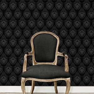 Black Victorian gothic damask fabric peel and stick wallpaper