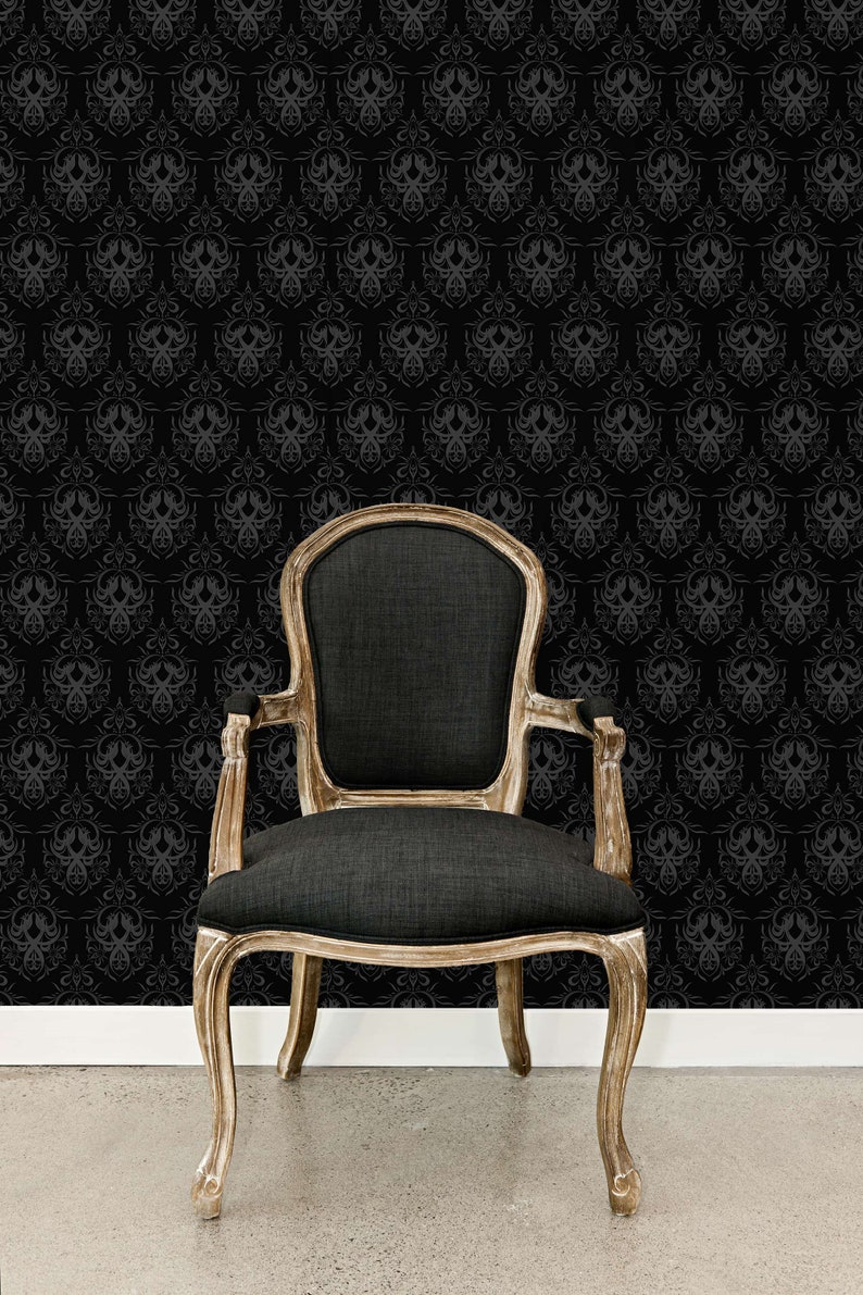 Black Victorian gothic damask fabric peel and stick wallpaper