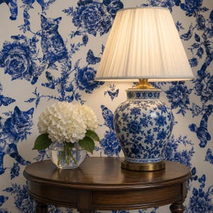 Puede incluir: Una l&aacute;mpara de mesa con una pantalla plisada blanca y una base de cer&aacute;mica con estampado floral azul y blanco. La l&aacute;mpara est&aacute; sobre una mesa de madera oscura, con un peque&ntilde;o cuenco de cristal con flores blancas. Fondo de papel pintado floral azul y blanco.