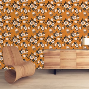 Retro Wallpaper, Mid Century Wallpaper, Orange Wallpaper, Floral Vintage Wallpaper, Peel and Stick Wallpaper, Fabric Wallpaper