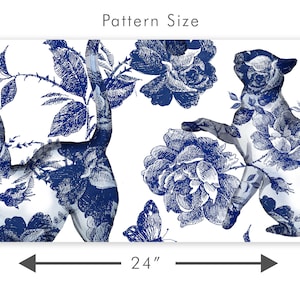 Blue cat and flower toile fabric peel and stick wallpaper pattern size graphic