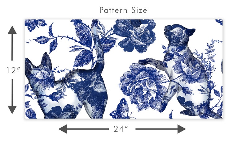 Blue cat and flower toile fabric peel and stick wallpaper pattern size graphic