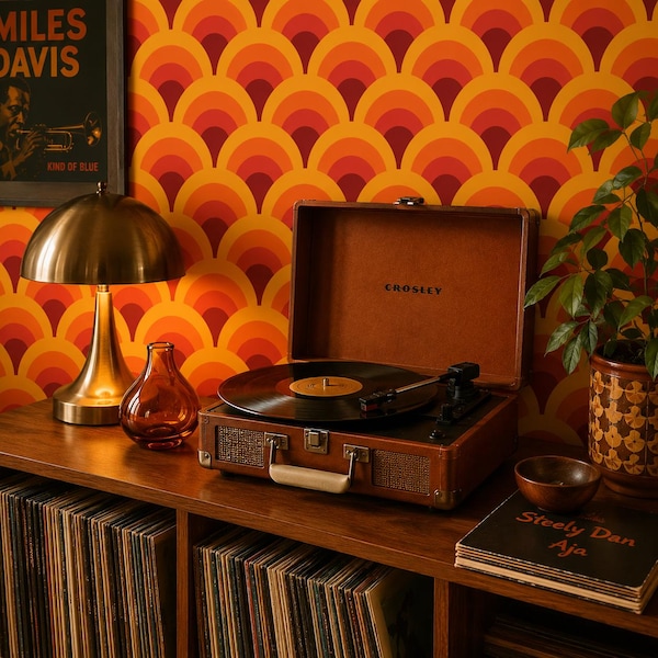 Retro Wallpaper, Mid-Century Wallpaper, Peel and Stick Wallpaper, Orange Vintage Wallpaper, Geometric Wallpaper, Fabric Wallpaper