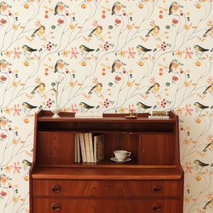 Bird Wallpaper, Garden Wallpaper, Cottage Wallpaper, Botanical Wallpaper, Peel and Stick Wallpaper, Fabric Wallpaper