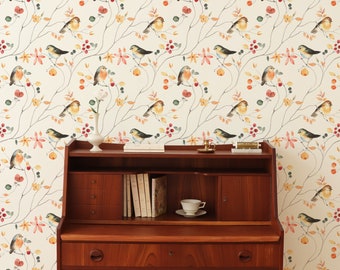 Bird Wallpaper, Garden Wallpaper, Cottage Wallpaper, Botanical Wallpaper, Peel and Stick Wallpaper, Fabric Wallpaper