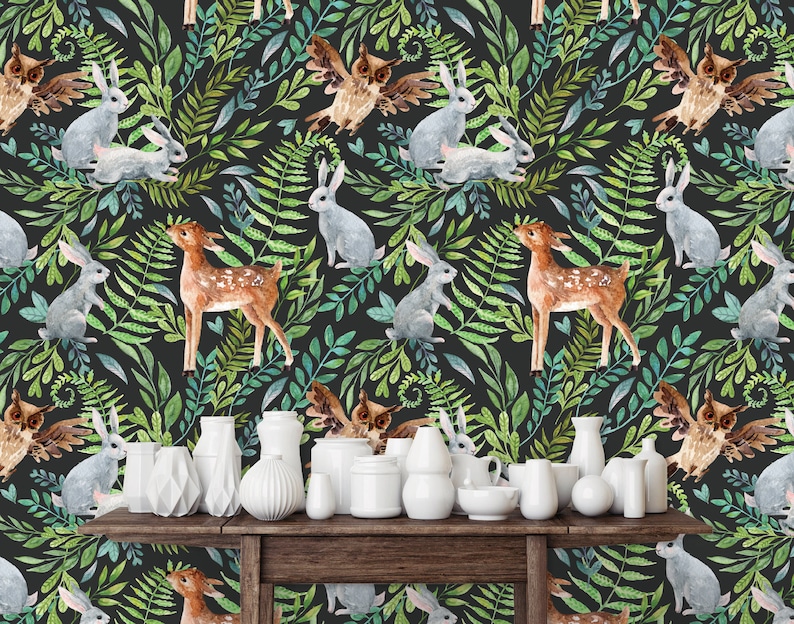 Woodland Wallpaper Animal Wallpaper Forest Animals | Etsy