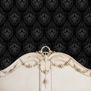Black Victorian gothic damask fabric peel and stick wallpaper