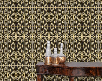 Art Deco Wallpaper, Art Nouveau Wallpaper, Geometric Dark Wallpaper, Peel and Stick Wallpaper, Black and Gold Wallpaper, Fabric Wallpaper