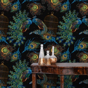 Victorian Wallpaper, Gothic Wallpaper, Peacock Wallpaper, Dark Wallpaper, Mystical Wallpaper, Peel and Stick Wallpaper, Fabric Wallpaper