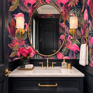 Retro Wallpaper, Palm Wallpaper, Flamingo Wallpaper, Tropical Wallpaper, Mid Century Wallpaper, Peel and Stick Wallpaper, Fabric Wallpaper Bild 1