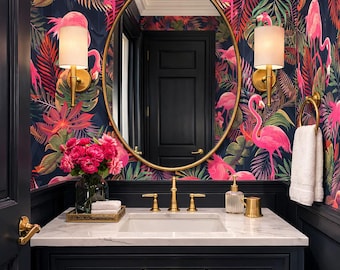 Retro Wallpaper, Palm Wallpaper, Flamingo Wallpaper, Tropical Wallpaper, Mid Century Wallpaper, Peel and Stick Wallpaper, Fabric Wallpaper