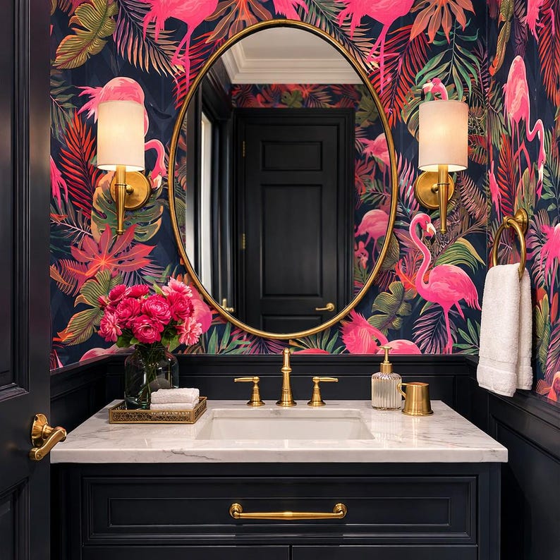 Retro Wallpaper, Palm Wallpaper, Flamingo Wallpaper, Tropical Wallpaper, Mid Century Wallpaper, Peel and Stick Wallpaper, Fabric Wallpaper Bild 1