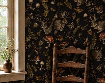 Mushroom Wallpaper, Forest Wallpaper, Moody Wallpaper, Dark Wallpaper, Cottagecore, Forest Wallpaper, Fabric Peel & Stick Wallpaper