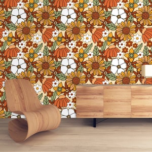 Retro Wallpaper, Mid Century Wallpaper, Vintage Wallpaper, Peel and Stick Wallpaper, Orange Floral Wallpaper, Fabric Wallpaper
