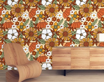 Retro Wallpaper, Mid Century Wallpaper, Vintage Wallpaper, Peel and Stick Wallpaper, Orange Floral Wallpaper, Fabric Wallpaper