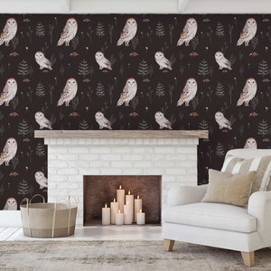 Peel and stick woodland owl dark wallpaper