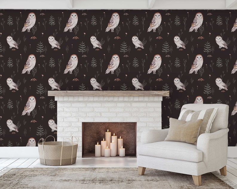 Peel and stick woodland owl dark wallpaper