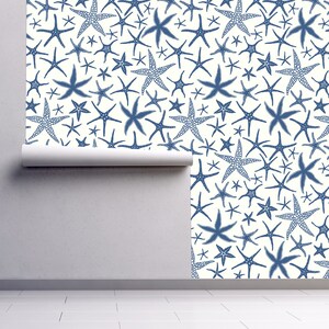 Blue starfish nautical fabric peel and stick wallpaper