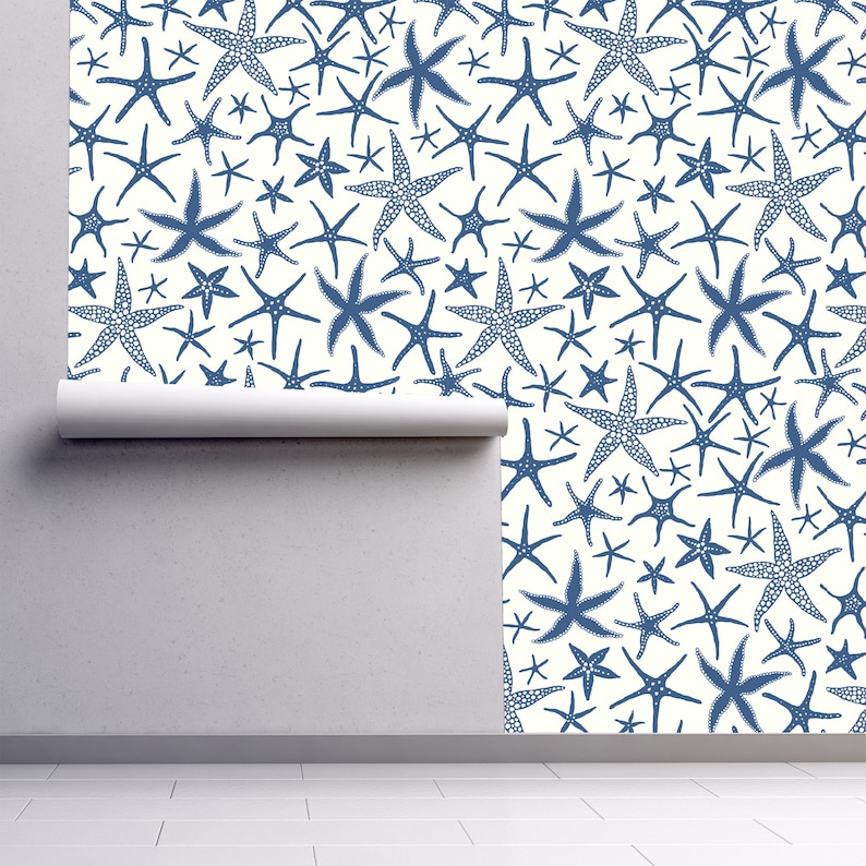 Blue starfish nautical fabric peel and stick wallpaper