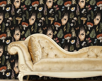 Mushroom Wallpaper, Forest Wallpaper, Moody Wallpaper, Dark Wallpaper, Cottagecore, Forest Wallpaper, Fabric Peel & Stick Wallpaper