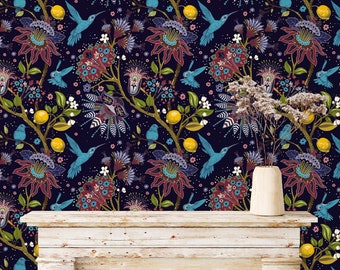 Botanical Wallpaper, Bird Wallpaper, Dark Wallpaper, Hummingbird Wallpaper, Moody Wallpaper, Peel and Stick Wallpaper, Fabric Wallpaper